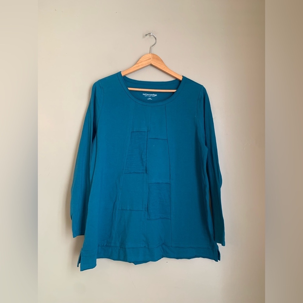 SOFT SURROUNDINGS Top Shirt Sz Large Dark Teal Scoop Neck Stretch RIVA Tunic